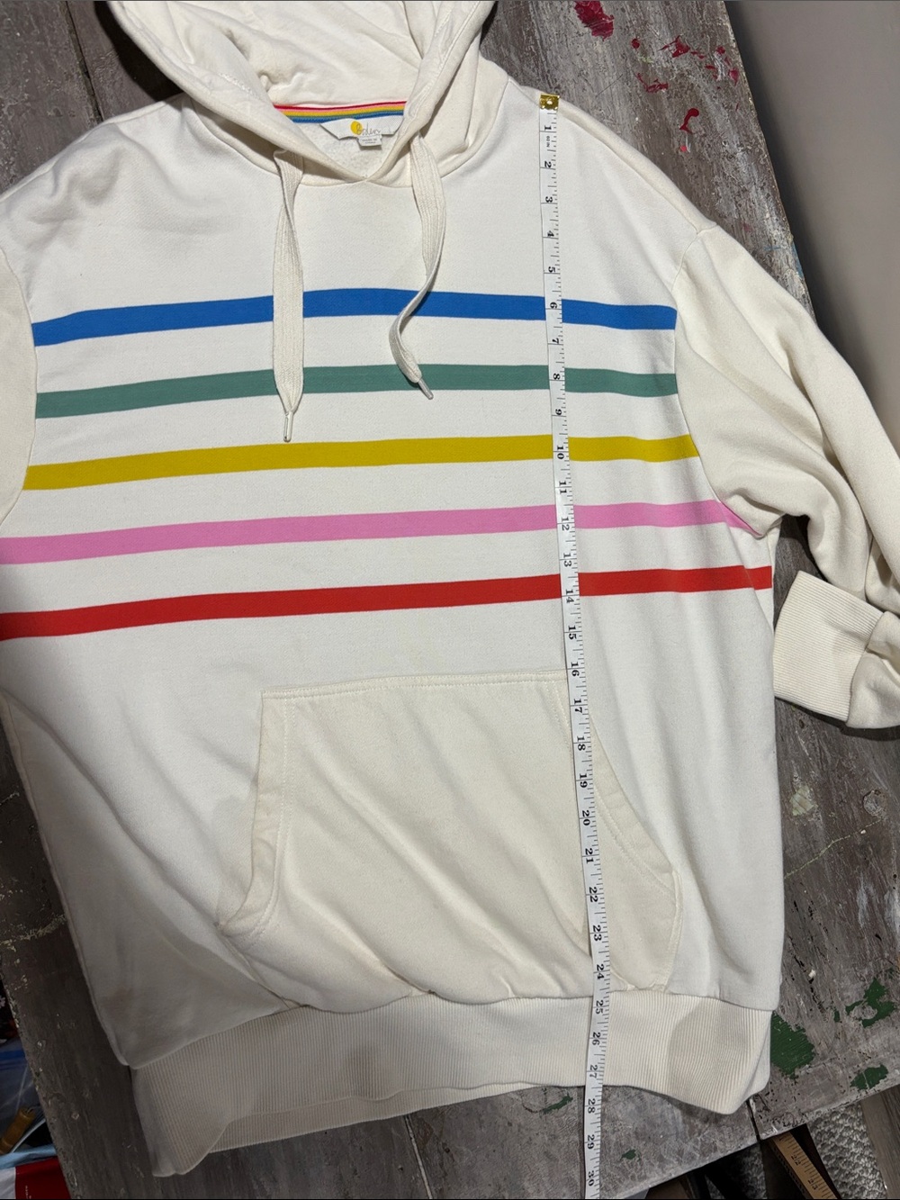 Boden Cream Hoodie with Rainbow Stripe Trim - Picture 7 of 8